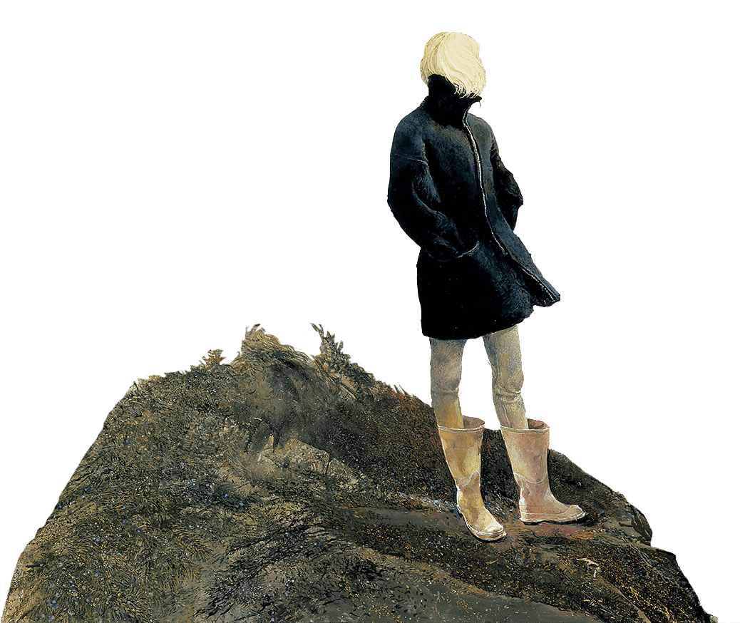 A person wearing warm clothes standing on a big rock staring at the distance